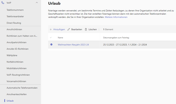 Urlaubs Hotline einrichten
