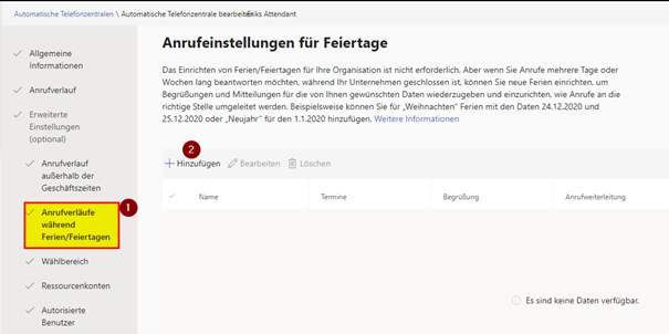 Anrufeinstellungen für Feiertage