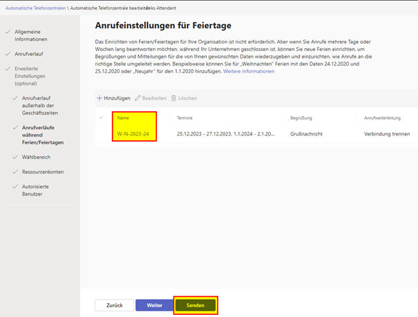Anrufeinstellungen für Feiertage